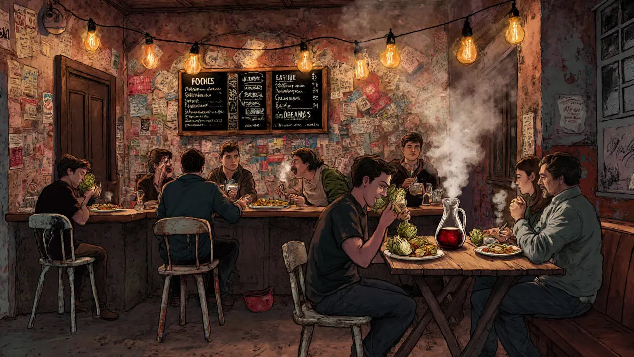 Late-night food bar in Testaccio with patrons eating Italian snacks under string lights, chalkboard menu, cozy atmosphere.