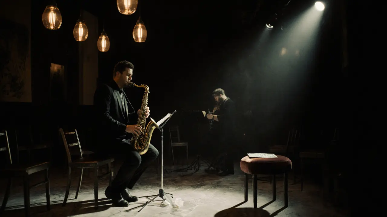 Late-night jazz performance at La Casa di Luna, dancer alone on stage as saxophonist plays softly in dim light.