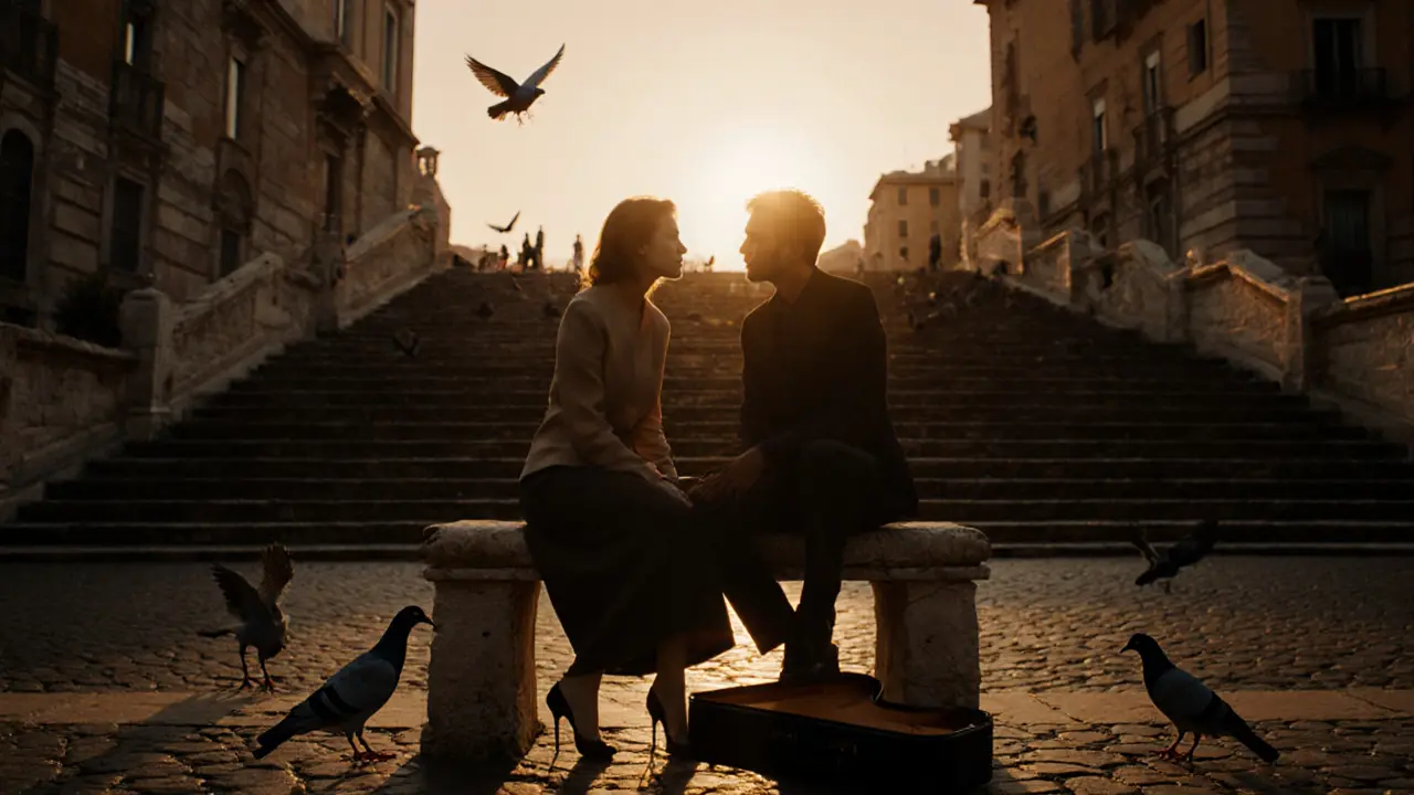 Lisa Ann sitting quietly on steps near Spanish Steps at dusk, sharing a silent moment with a partner as the city fades into golden light.