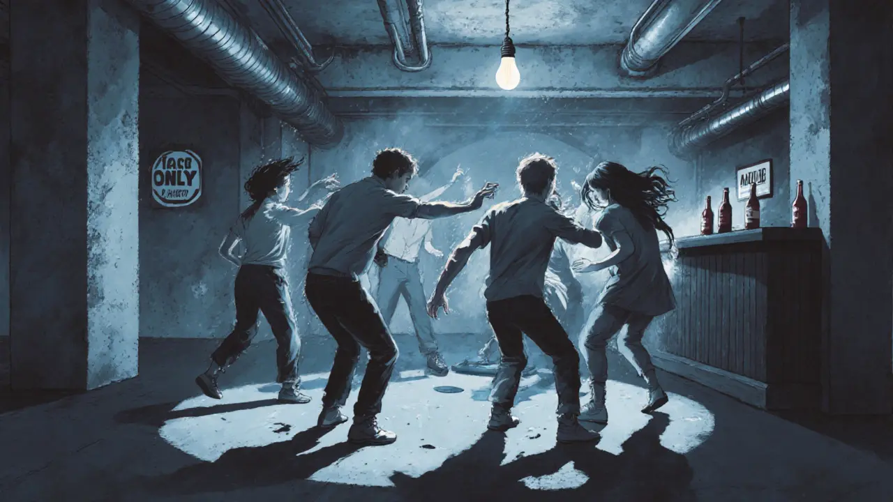 Live DJ spinning vinyl in an industrial warehouse as people dance in a circle