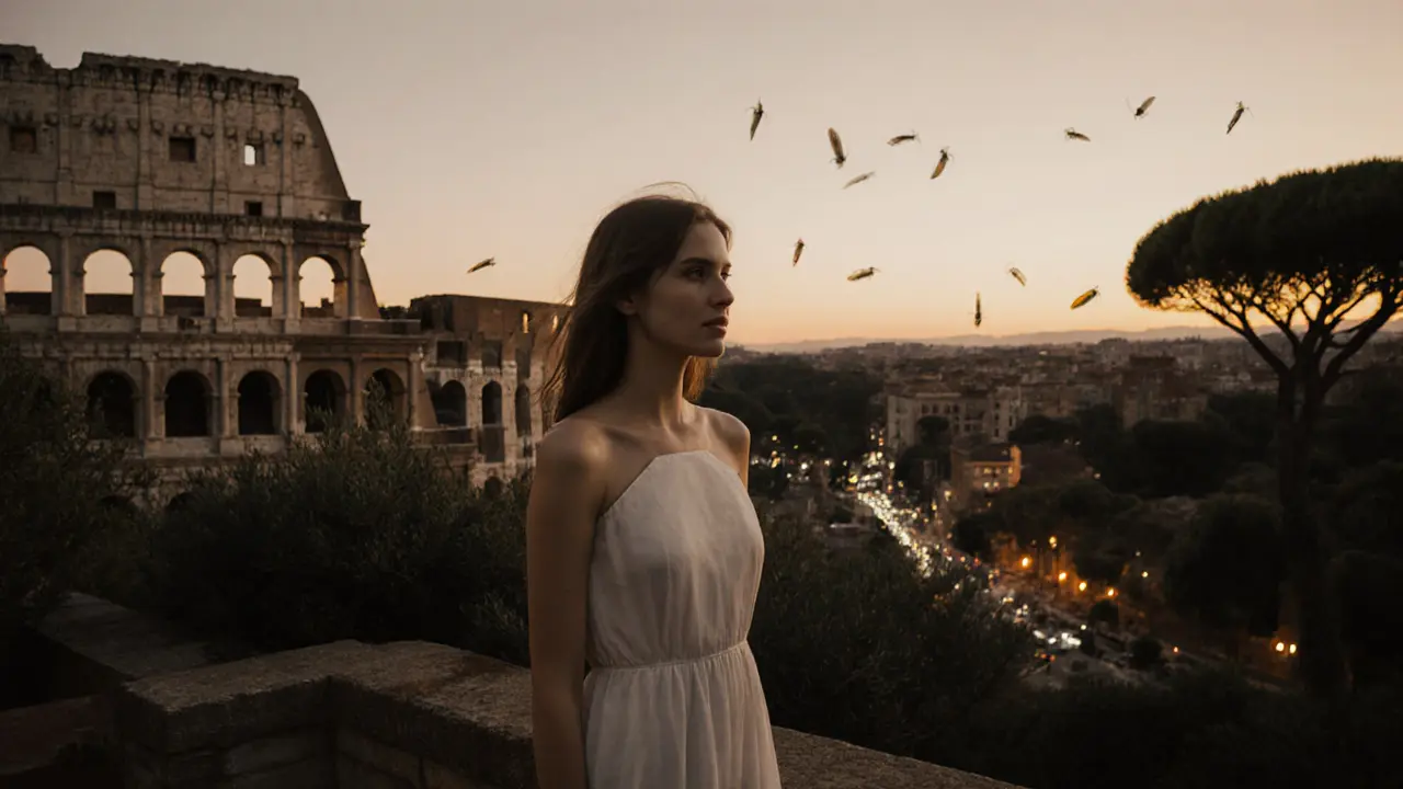 Madelyn Marie stands silently on a terrace overlooking the Colosseum at sunset, wearing a white dress.