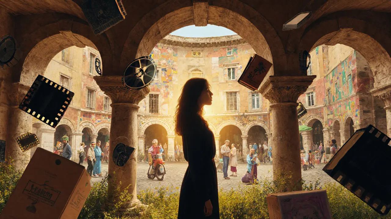 Martina stands in a Roman garden surrounded by film reels and symbols of her ethical work.