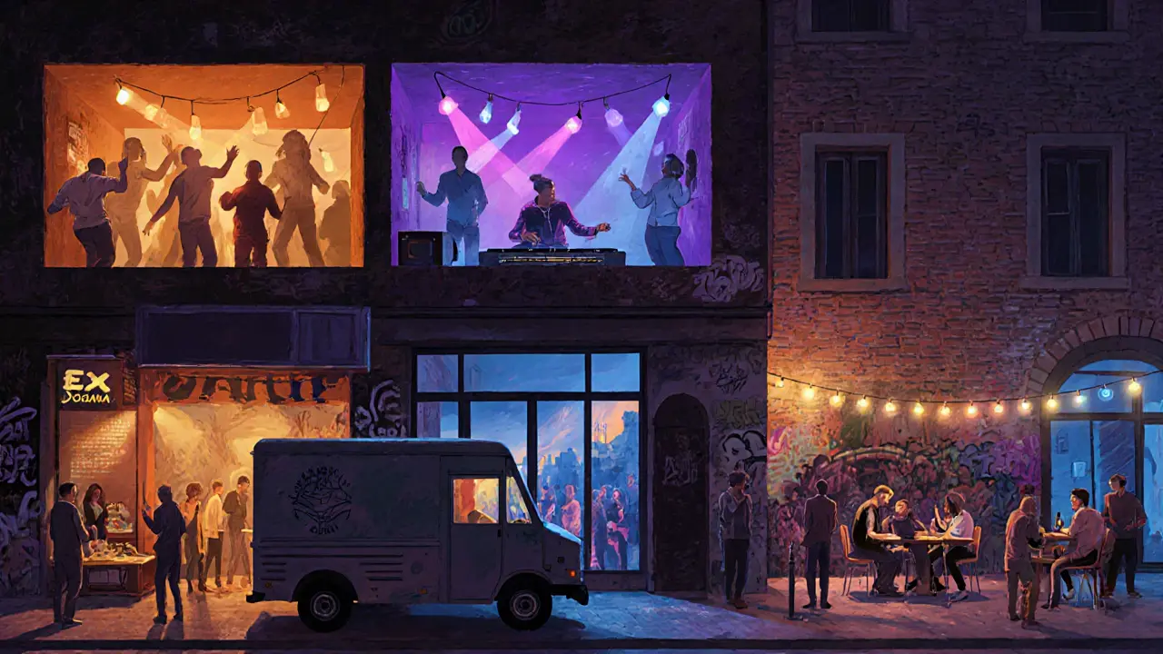 Multi-room Ex Dogana nightclub in Ostiense with dancers, vinyl DJ, and pizza food truck outside.