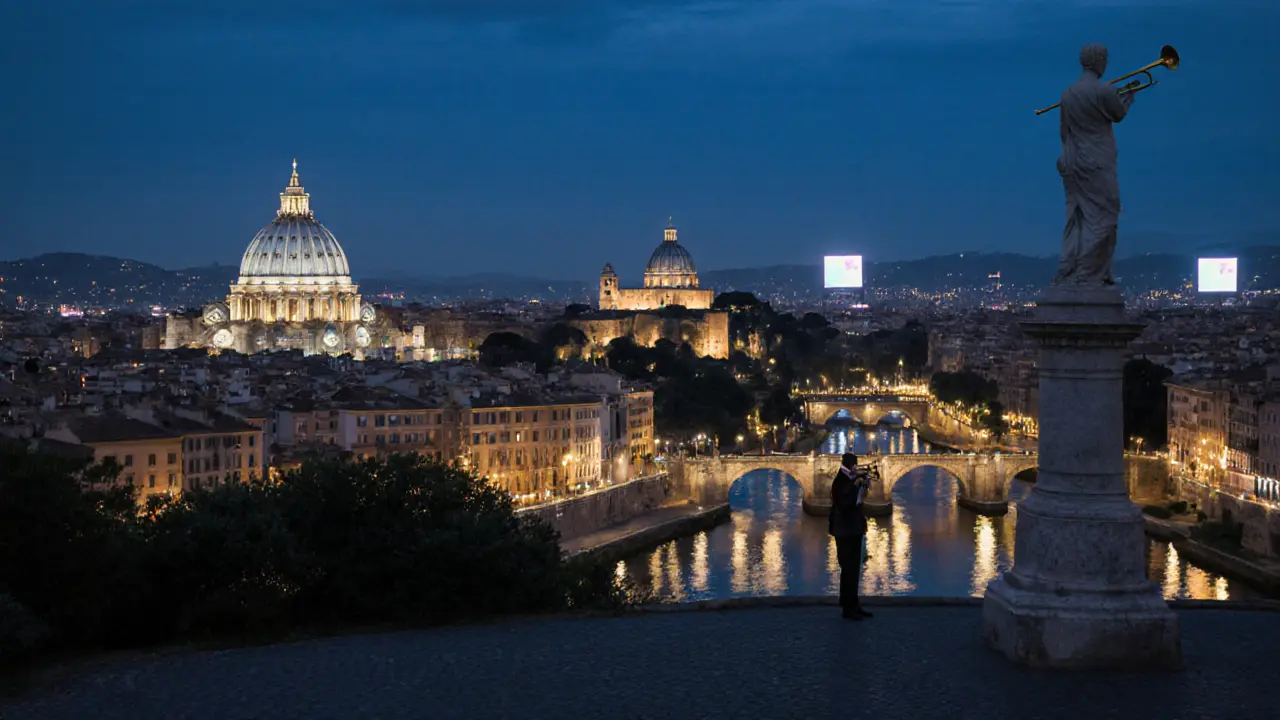 Night view from Janiculum Hill showing Rome’s illuminated landmarks.