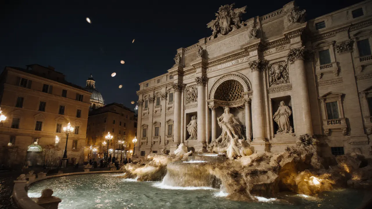 Nighttime Trevi Fountain glows gold, a coin mid-fall amid cascading water and empty plazas.
