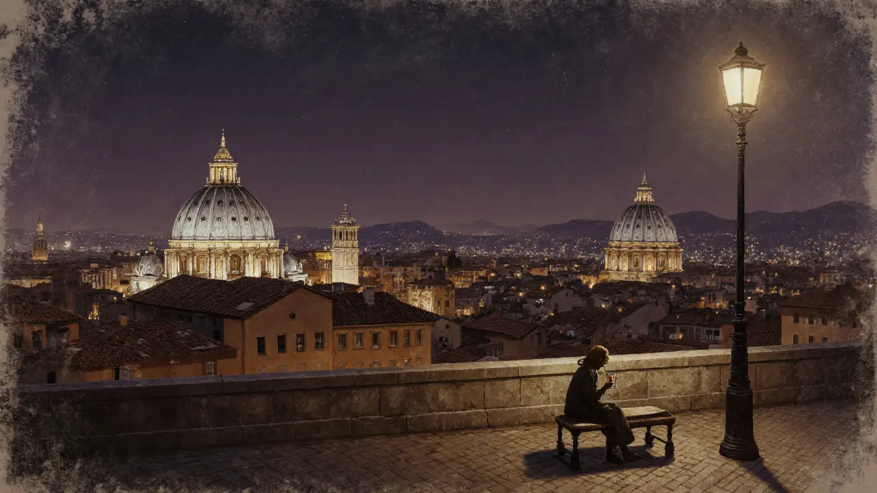 Panoramic night view of Rome from Monte Mario with illuminated landmarks.