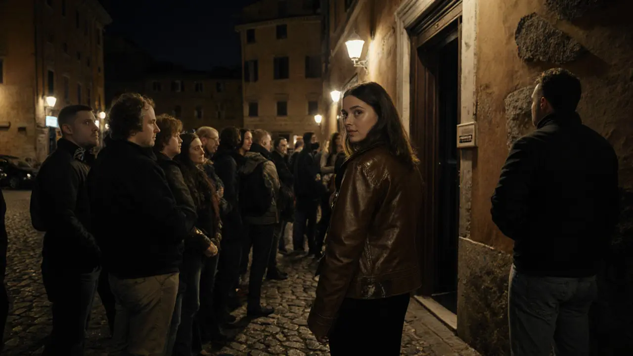 People waiting in line outside Piper Club at night, discreet entrance in Trastevere, no signs, only the sound of bass hinting at what&#039;s inside.