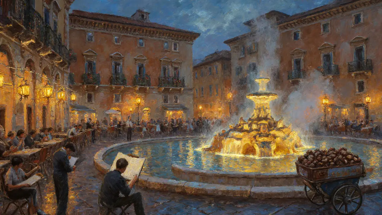 Piazza Navona at night with glowing fountains, café lights, and artists sketching under lanterns.
