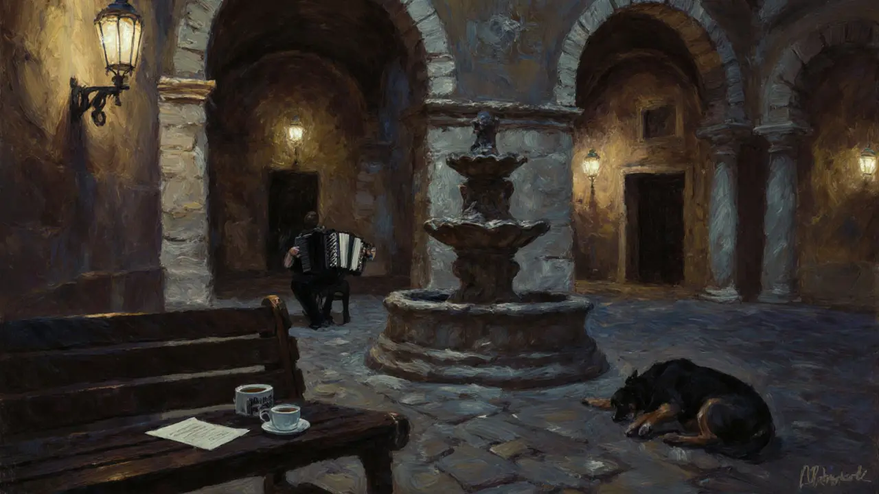 Quiet courtyard at San Luigi dei Francesi with an empty bench, coffee cup, and shadowy figure.