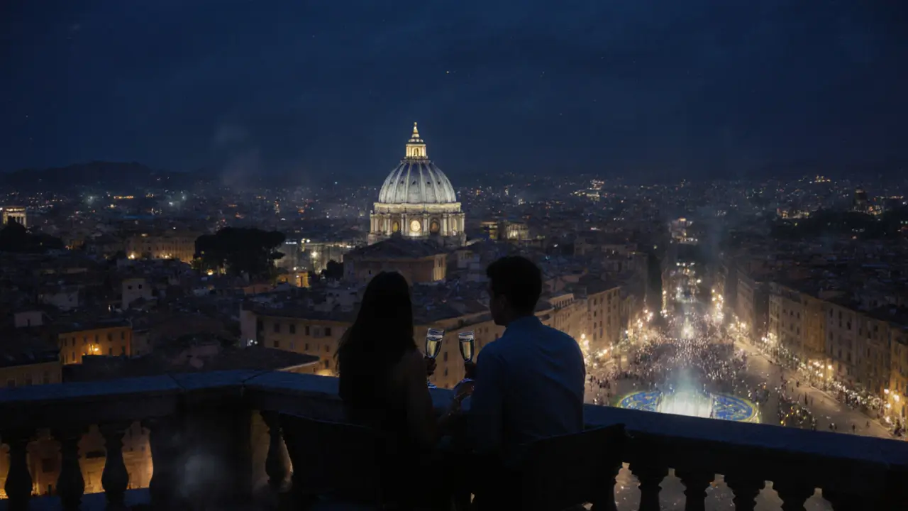 Rome skyline from a rooftop at night, St. Peter’s dome glowing, couple with prosecco overlooking city lights.