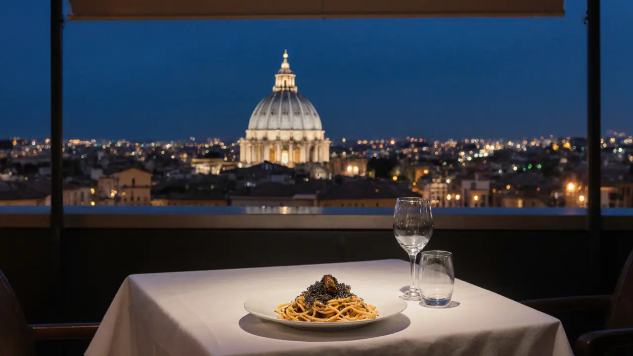 Rooftop dining in Rome with St. Peter’s dome lit at night, featuring truffle spaghetti on a white plate.