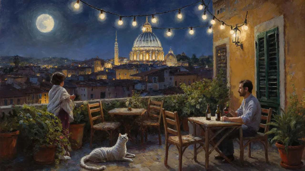 Rooftop terrace at night with city lights in the background, people sipping wine under string lights, peaceful and quiet.