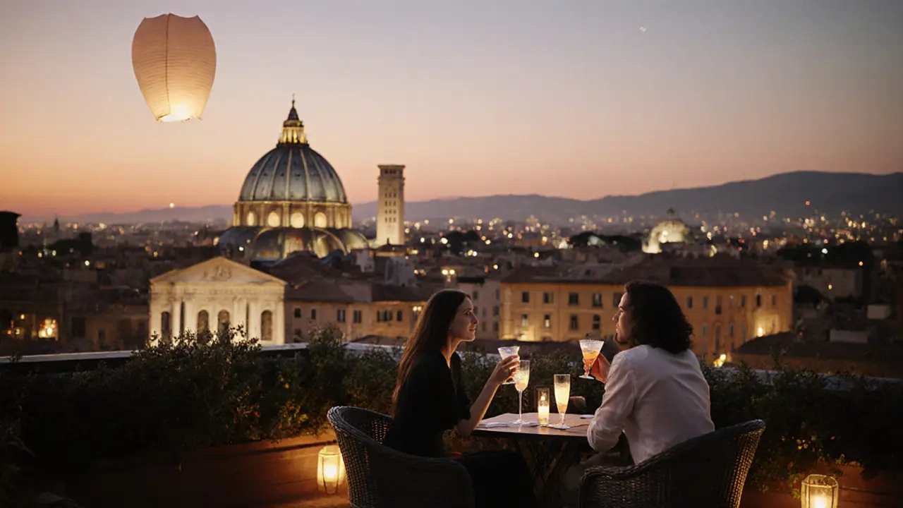 Rooftop terrace with view of Rome&#039;s lit landmarks at twilight