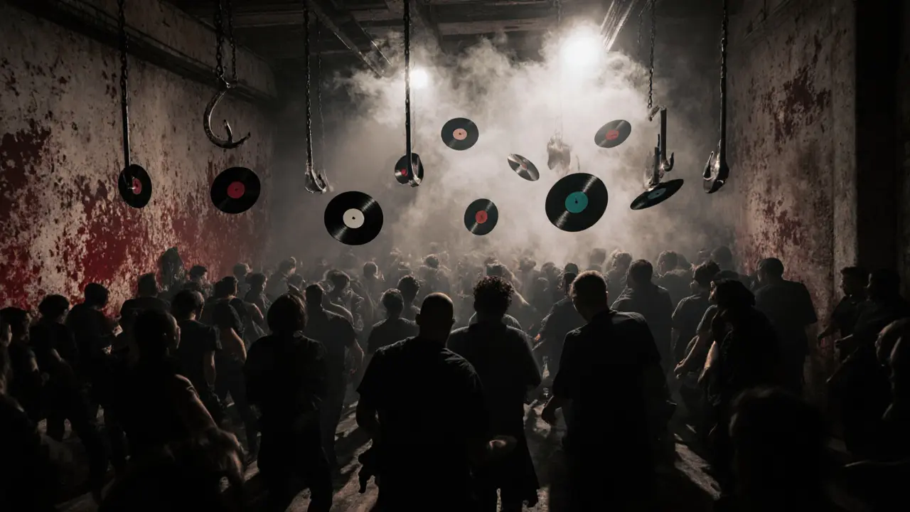 Silhouettes dancing in a gritty underground club with industrial lighting and blood-stained walls.
