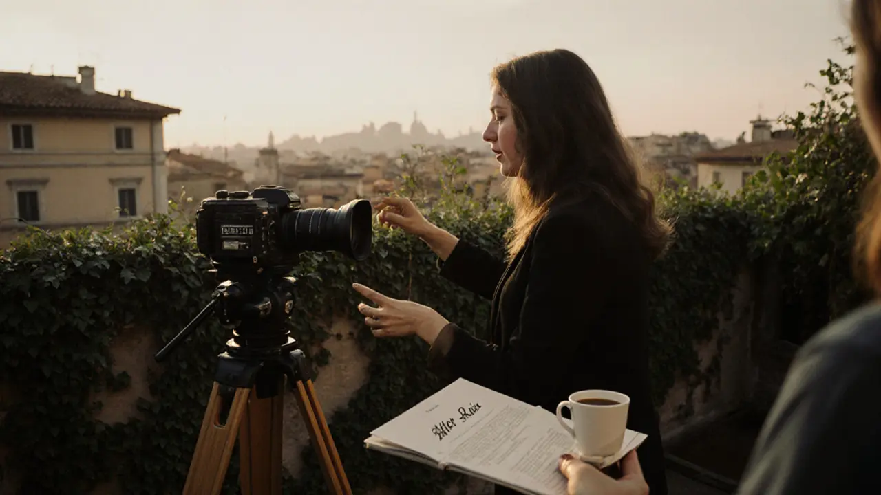 Silvia directing a film crew on a Roman rooftop garden at golden hour, natural light and ivy in the background.