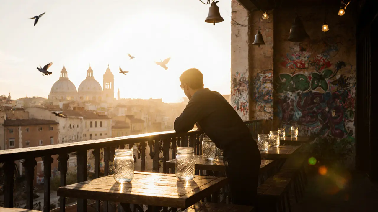 Sunrise at a quiet terrace with empty drink glasses and city lights fading in the distance