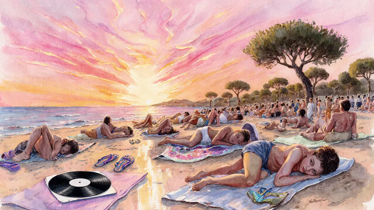 Sunrise over a quiet beach after a music festival, with people resting on sand and a vinyl record half-buried nearby.