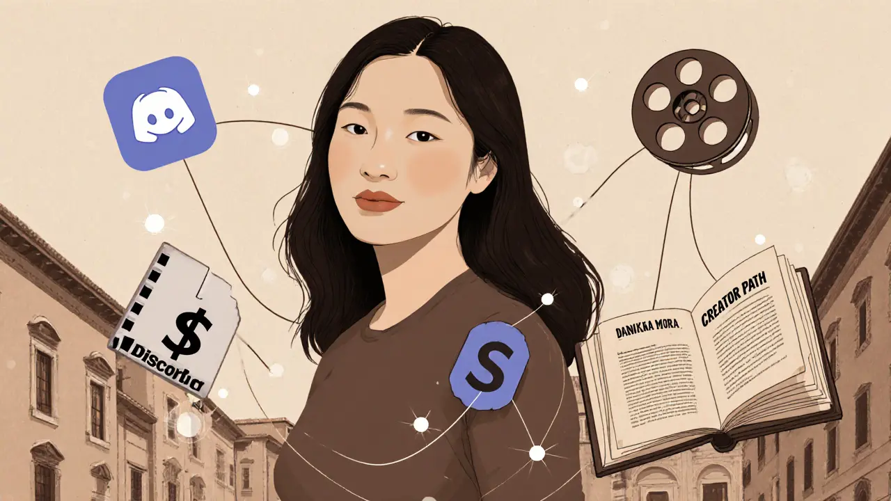 Symbolic representation of Danika Mori’s impact with Roman landmarks and digital community elements.