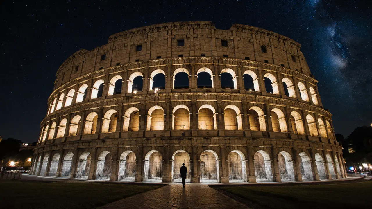 The Colosseum glowing under soft night lights, empty and serene, with shadows stretching across ancient arches.