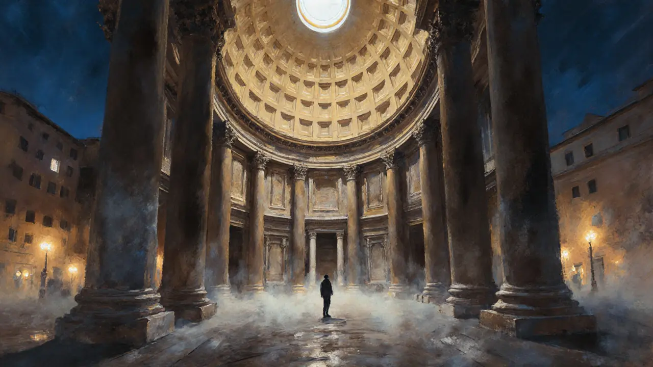 The Pantheon&#039;s dome lit like a celestial lantern, casting warmth over empty ancient columns.