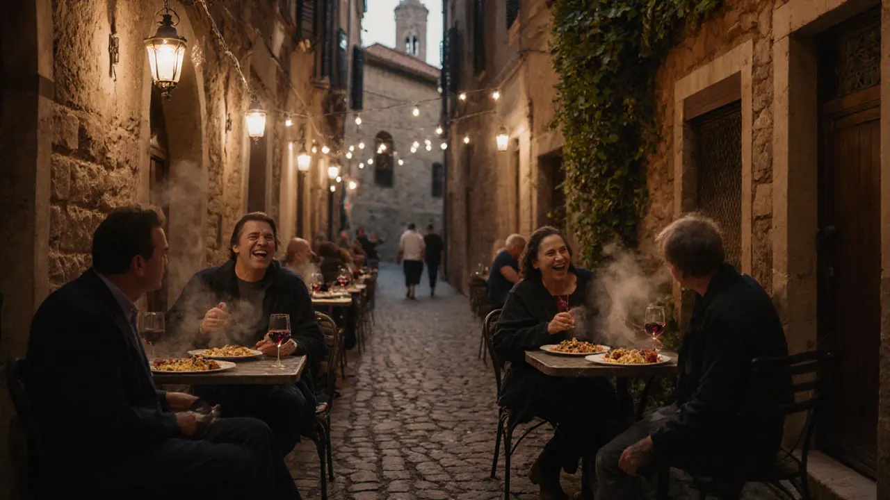 Trastevere alley at dusk with lanterns, locals dining at outdoor tables, warm glowing atmosphere.