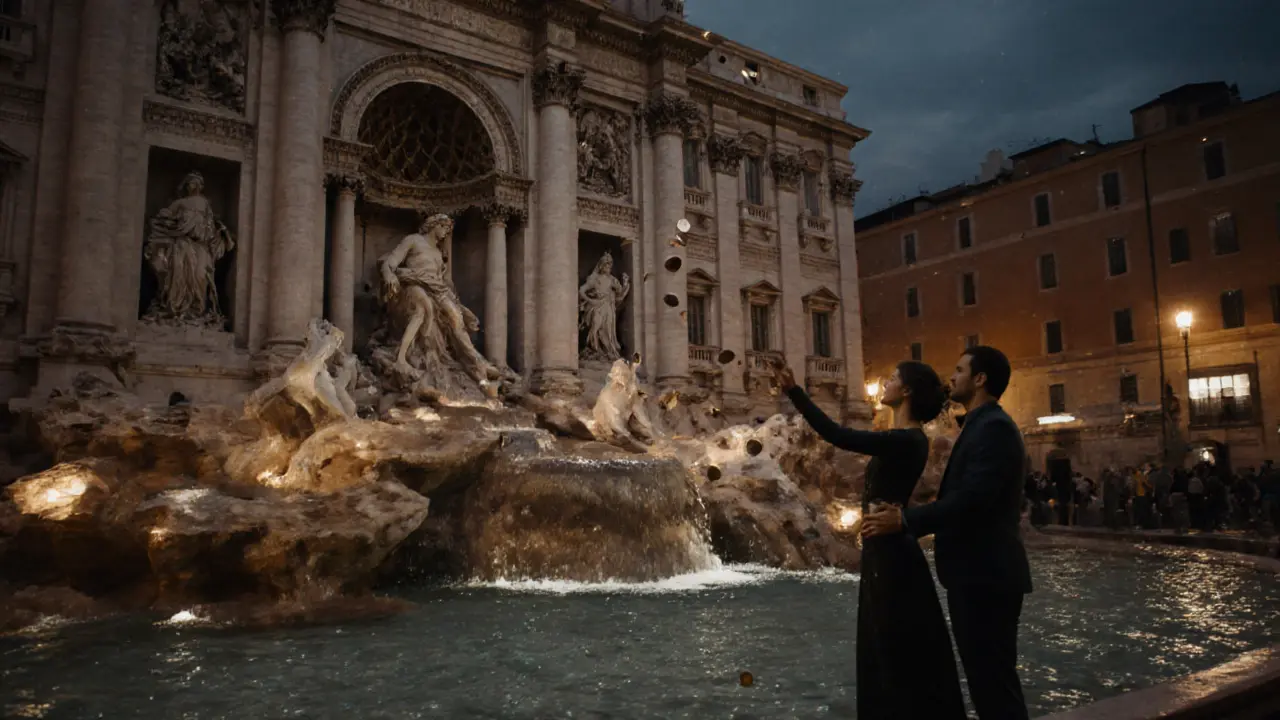 Trevi Fountain sparkling at night as a couple tosses coins into its waters.