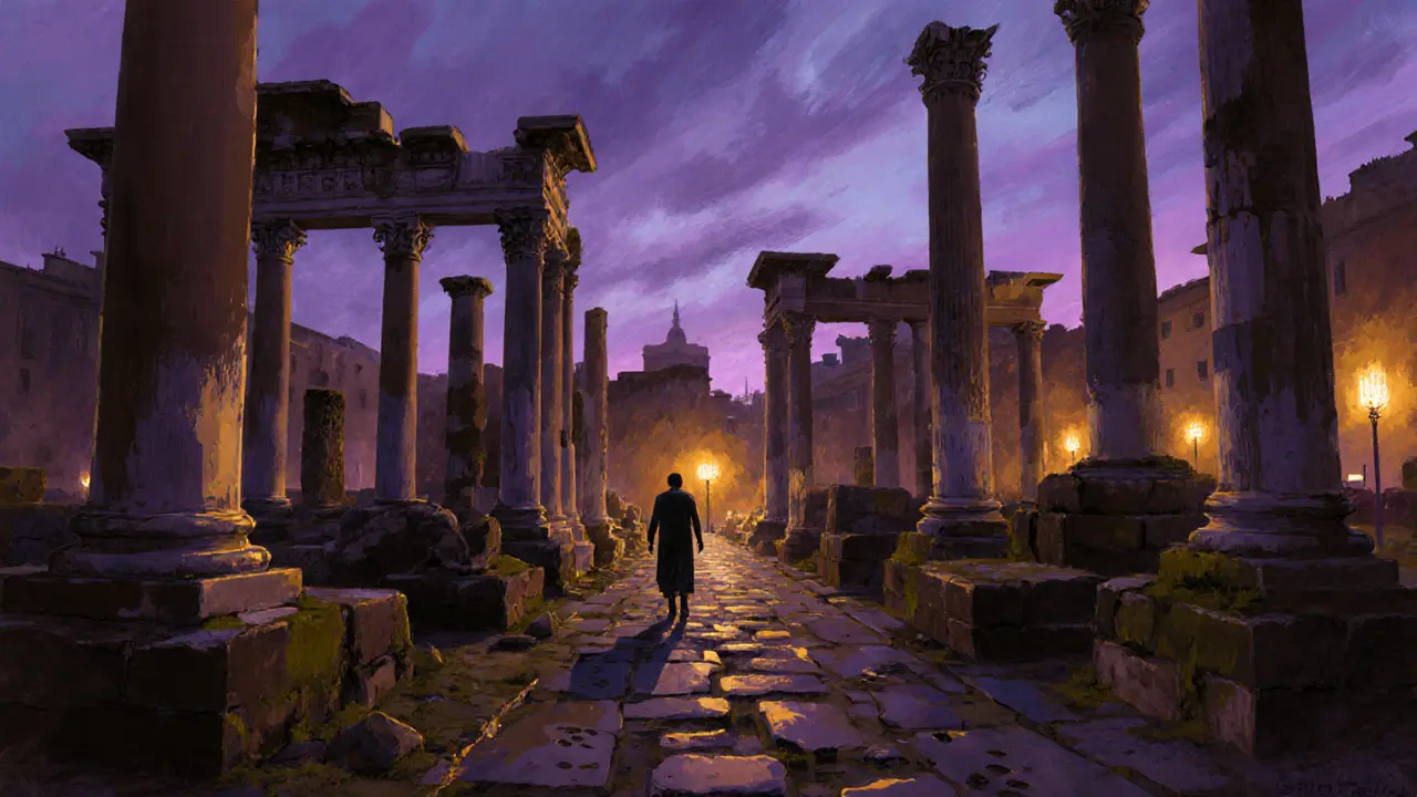 Twilight in the Roman Forum, ancient ruins silhouetted with glowing footprints tracing the path of history.