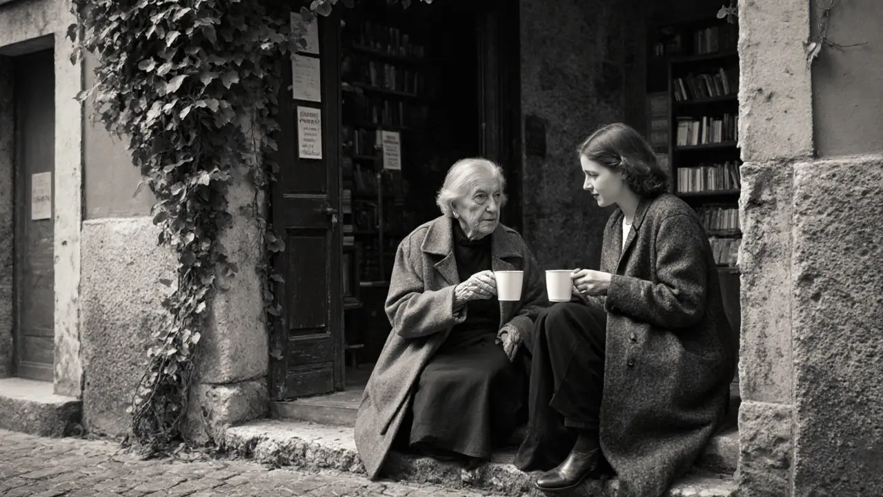 Two women sit quietly on a stone step in a hidden courtyard, sharing coffee as morning light filters through ivy.