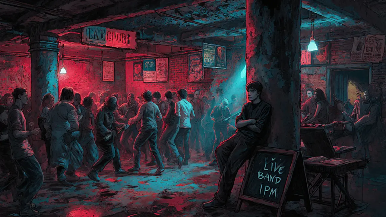 Underground club with crowd dancing to live music in industrial space