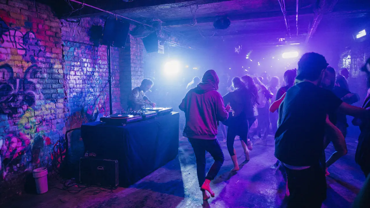 Underground club with graffiti walls and dancers under neon lights, raw electronic music vibe.