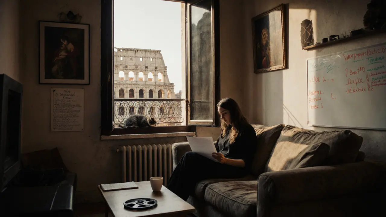 Valentina in her Testaccio apartment, morning light on the Colosseum, reading a script with a cat on the fire escape.