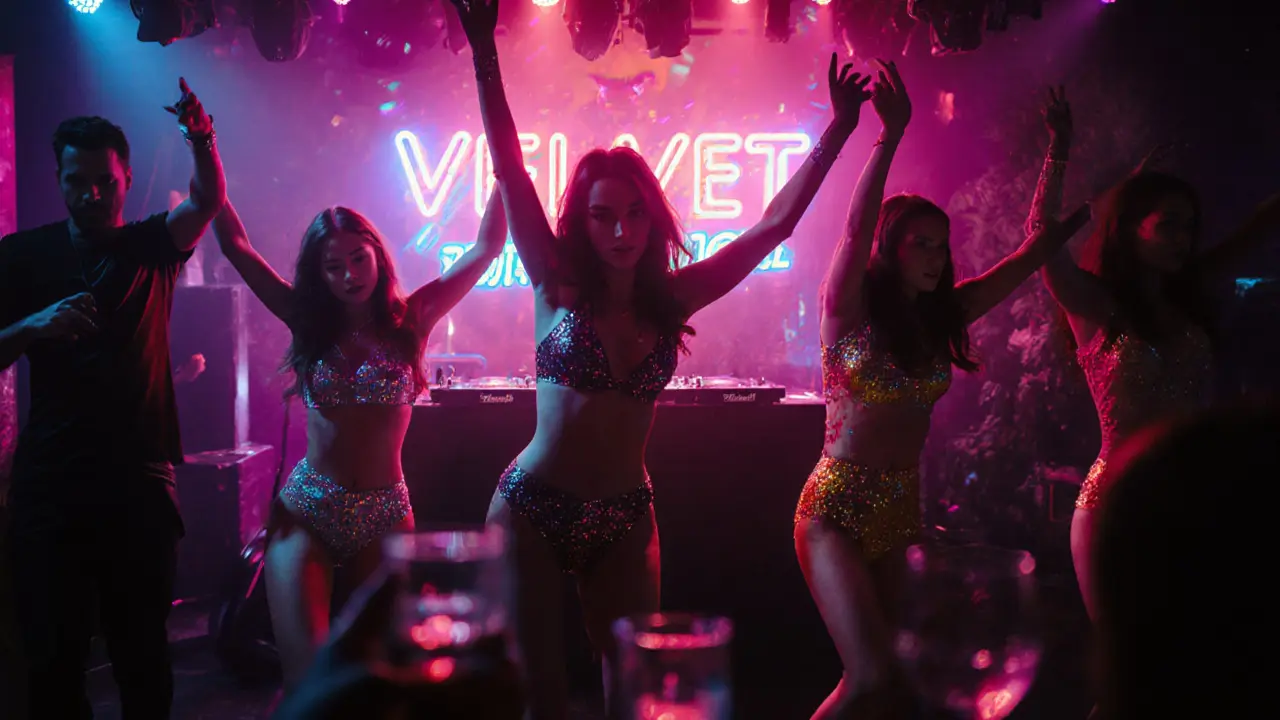 Vibrant weekend night at Club Velvet with dancers, neon lights, and energetic crowd under strobe effects.