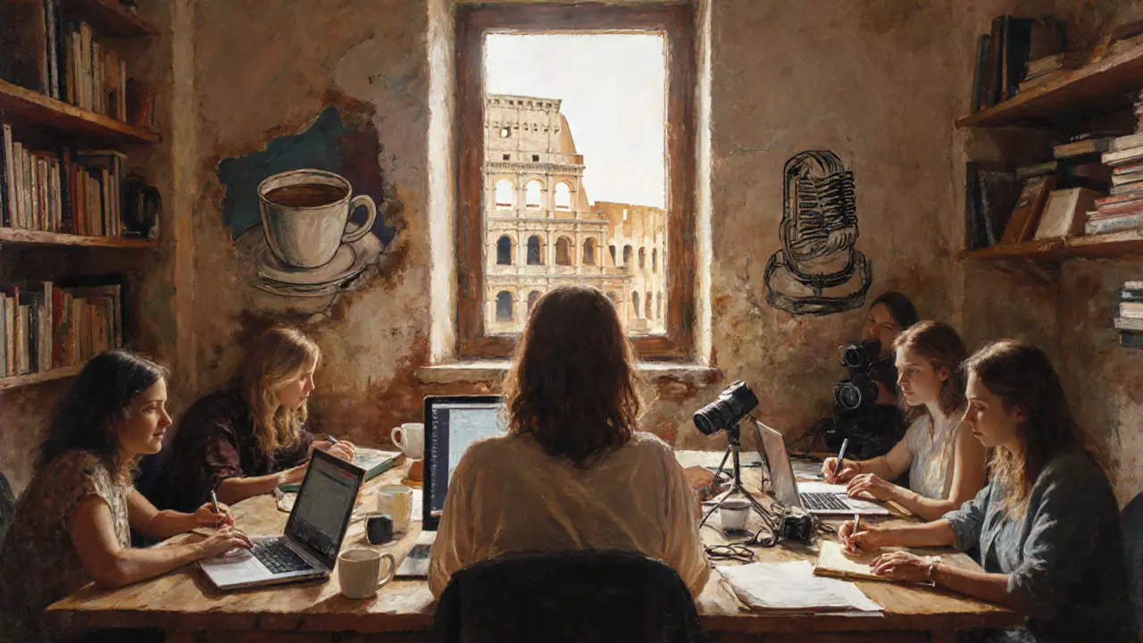 Women collaborating in Silvia&#039;s studio, natural light streaming in, books and cameras around them.