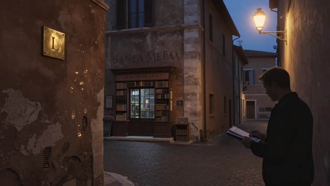 A brass plaque with 'L' on a wall in Trastevere leads to a hidden bookshop, glowing footprints fading into the shadows.