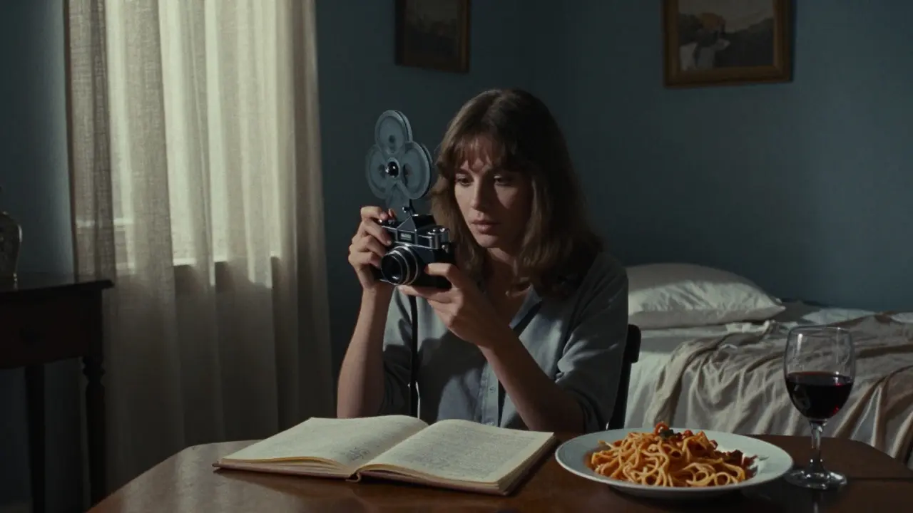 A camera and sketchbook rest on a table in a quiet Roman apartment, sunlight streaming through curtains.