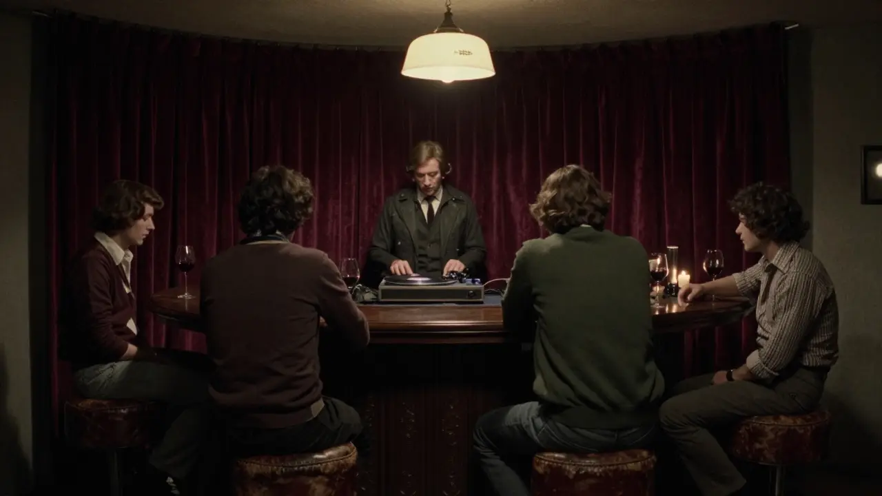 A cozy basement bar with velvet curtains, a vinyl player spinning music, patrons in quiet conversation.