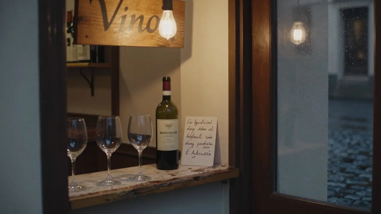 A dimly lit wine shop with aged bottles and a single wine glass on a wooden counter at dusk.