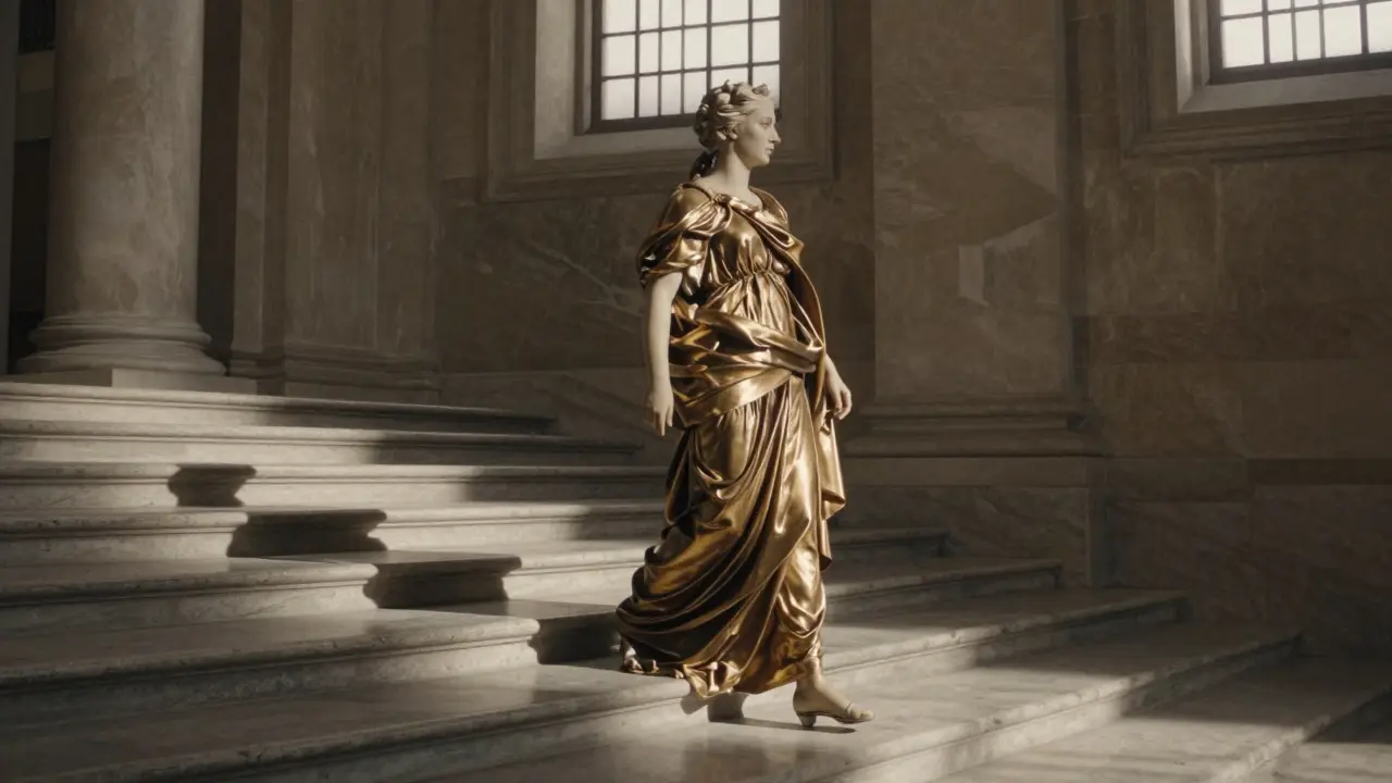 A figure moves gracefully up the spiraling Scala Regia, her form echoing the architectural curve as shadows stretch around her.