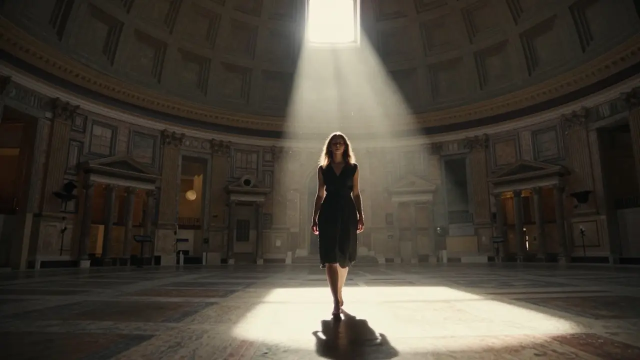 A figure walks barefoot through sunlight in the Pantheon, surrounded by floating dust and sacred stillness.