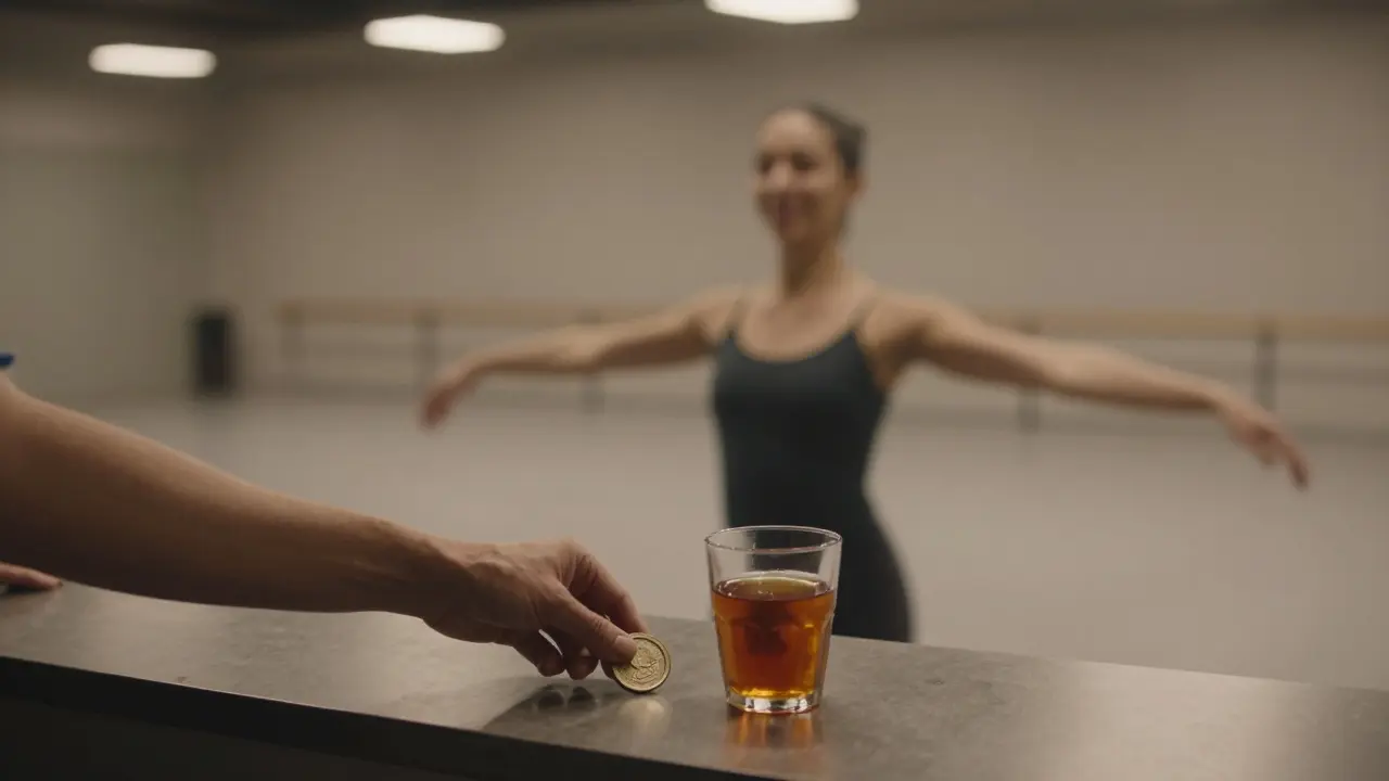 A hand placing a token on a counter beside a drink, symbolizing respectful interaction in a strip club.