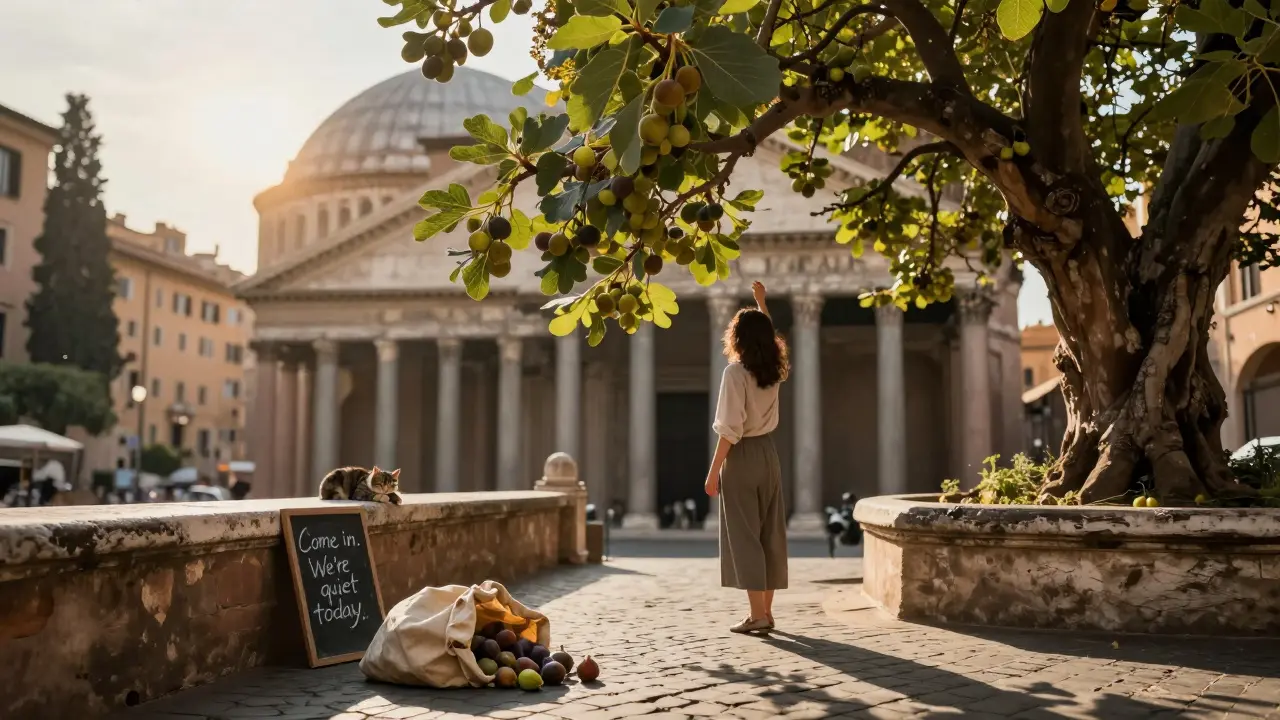 A heavy fig tree bends over a quiet courtyard near the Pantheon, with a bag of fruit on the ground.