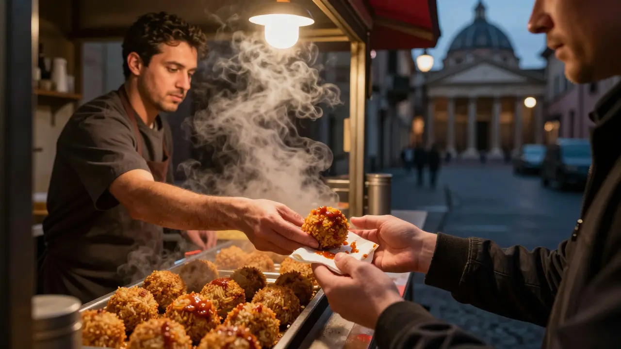A late-night food counter serving fried rice balls, sauce on fingers, steam rising under a single bulb.