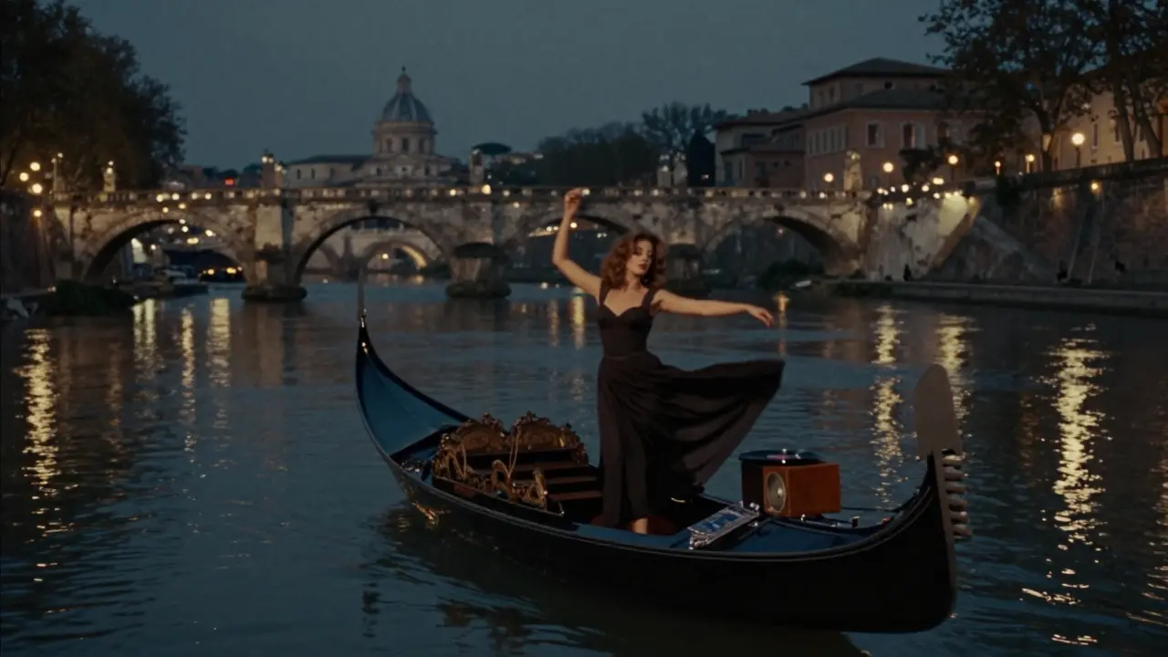 A midnight rowboat glides on the Tiber as a dancer moves to vinyl music, reflections of ancient Rome shimmering on the water.