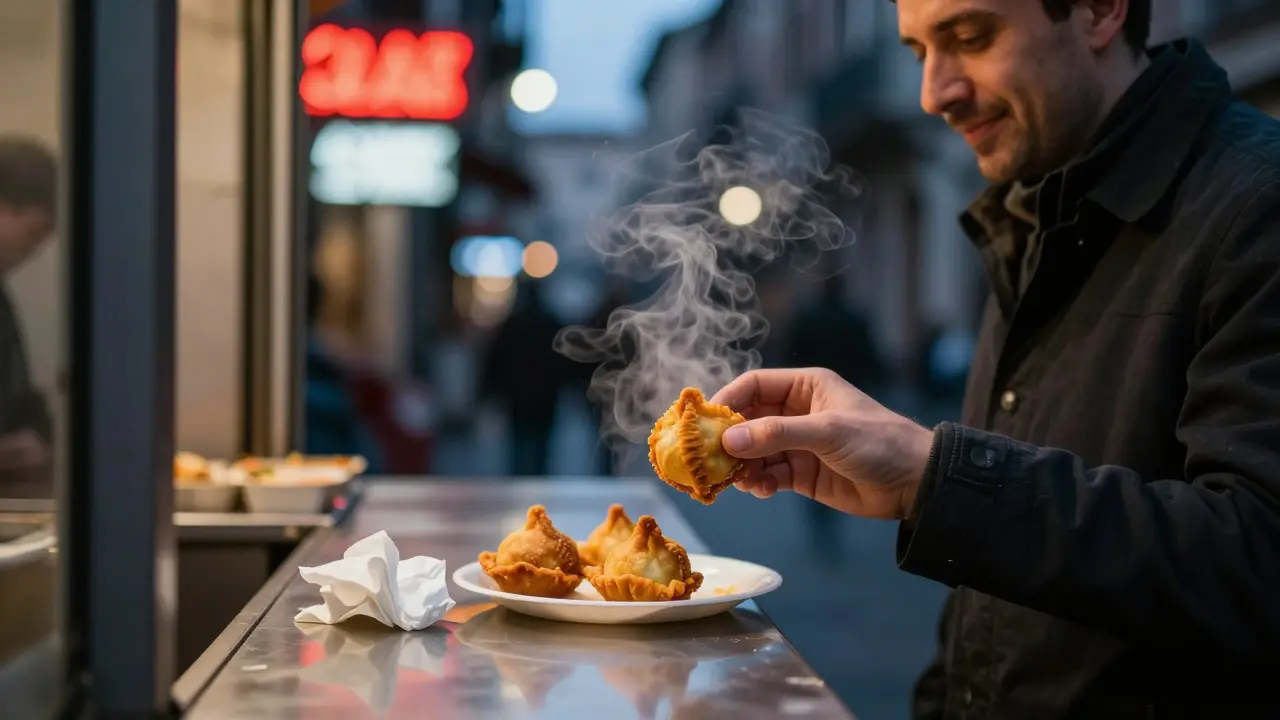 A person eating a hot supplì by hand at a late-night food counter in Rome.
