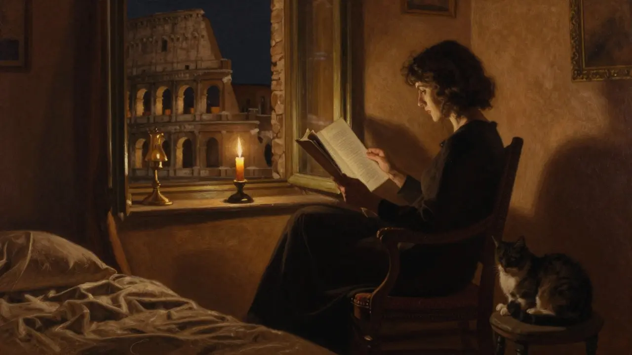 A quiet Roman apartment at night, a single candle glowing by a window overlooking the Colosseum, a silhouette reading aloud in stillness.