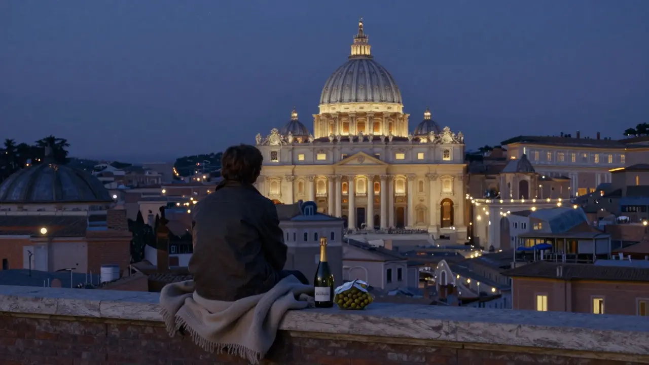 A solitary figure on a Roman rooftop at night, overlooking the glowing dome of St. Peter’s under a starry sky.