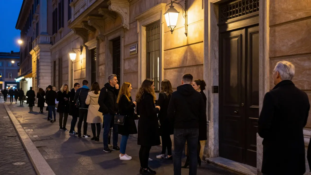 A sophisticated line of well-dressed people waiting outside Piper Club on a Roman street at night.