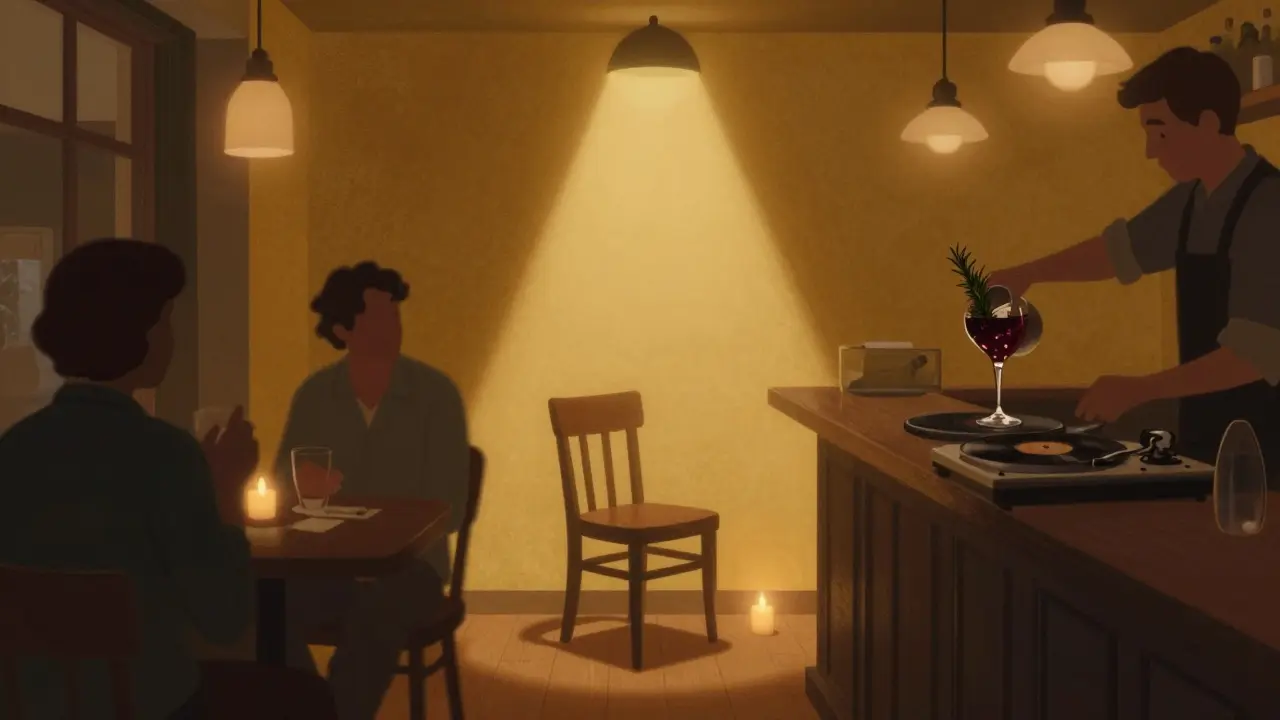 A spotlight shines on an empty chair with a candle beside it inside the yellow-walled bar.