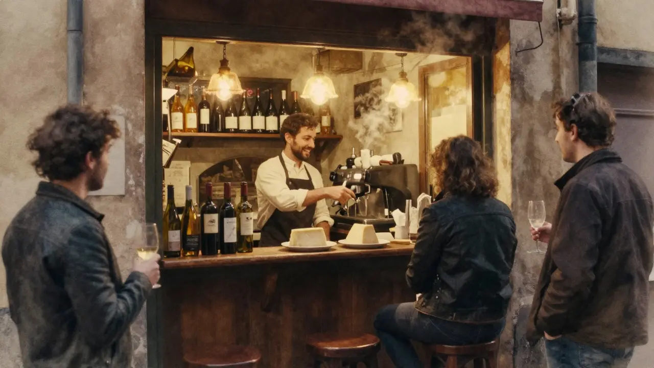 A tiny wine bar in a narrow alley with patrons standing at the counter, sipping wine.
