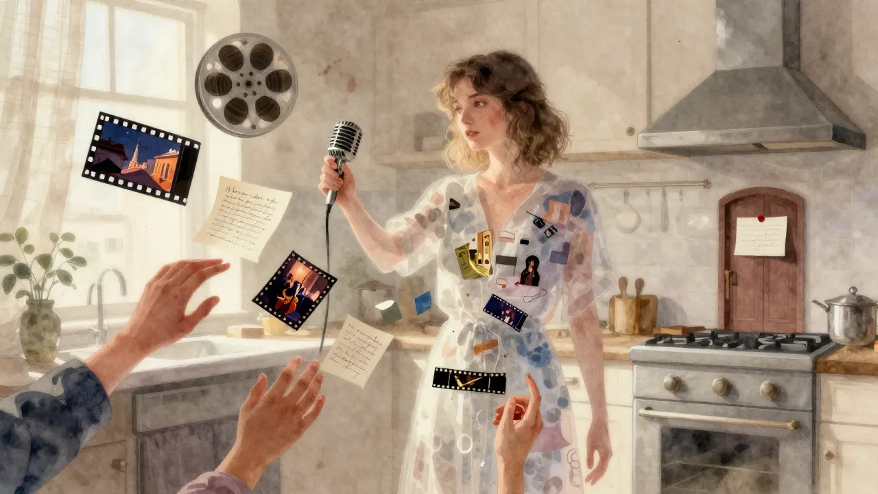 A translucent figure dissolves into film fragments of Roman nights, symbolizing mentorship and artistic legacy.